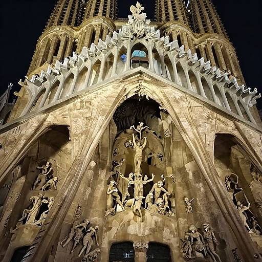 Photograph of the illuminated façade of Notre-Dame Cathedral, Paris, featuring detailed Gothic sculptures of angels, saints, and figures in dynamic poses.