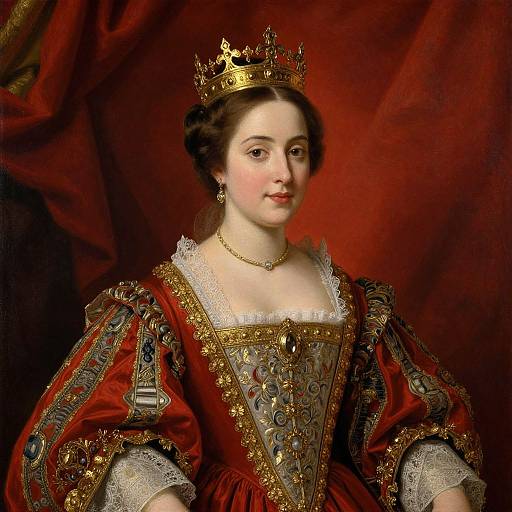 Photograph-style digital painting of a fair-skinned queen with brown hair, wearing a gold crown, ornate red velvet gown, lace collar, and