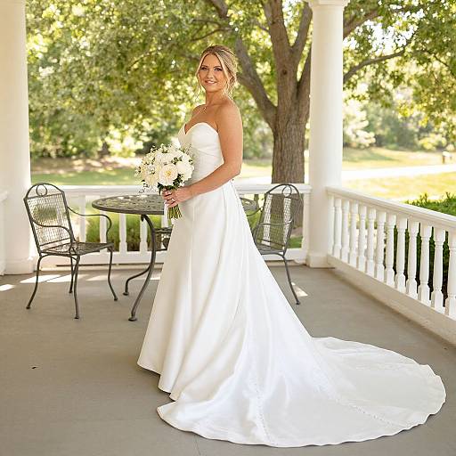 Blonde bride in white strapless wedding gown with long train, holding white bouquet, stands on porch with wrought iron chairs and table, surrounded by trees