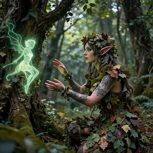 Photorealistic fantasy image: Elven woman with tattoos, leafy attire, and forest crown, interacts with glowing green fairy in enchanted forest.