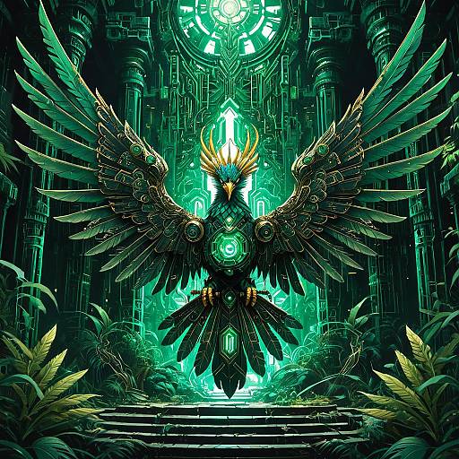 Mechanical Quad-Winged Phoenix in Emerald Jungle Ruins