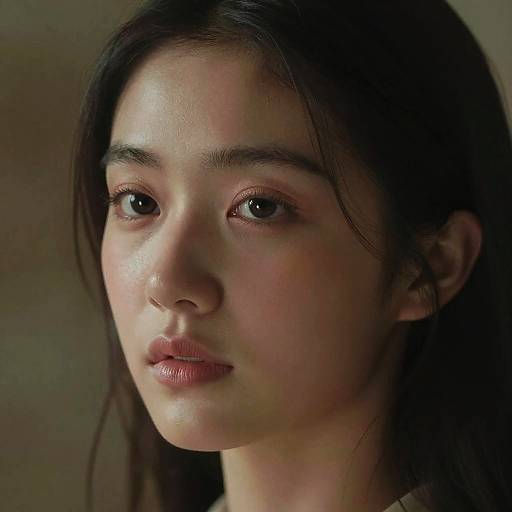 Photograph of a young Asian woman with long black hair, fair skin, and subtle makeup, gazing softly with a neutral expression.