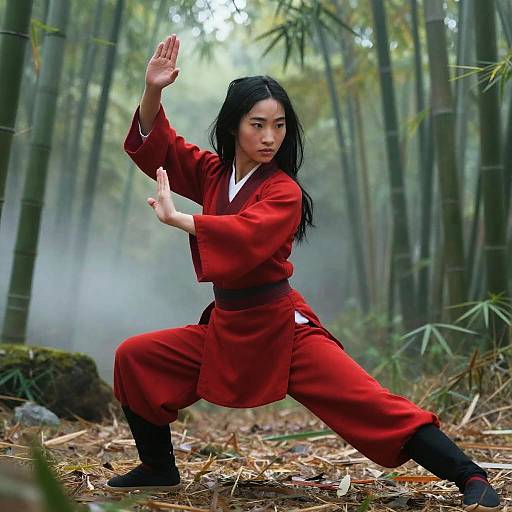 Photograph of an Asian martial artist with long black hair, in a red gi, performing a karate stance in a misty bamboo forest.