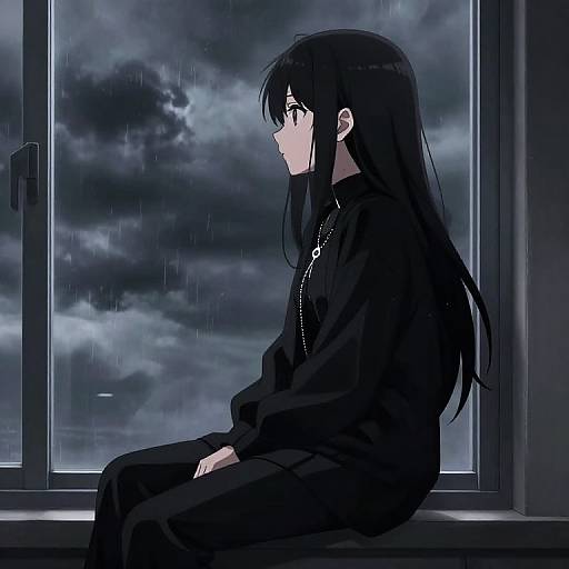 Anime-style digital artwork of a solitary, long-haired girl in black clothing, sitting by a rainy window with a stormy sky.
