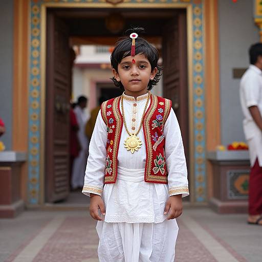 Photograph of a young Indian boy in traditional white and red embroidered attire, standing in front of an ornate temple doorway.