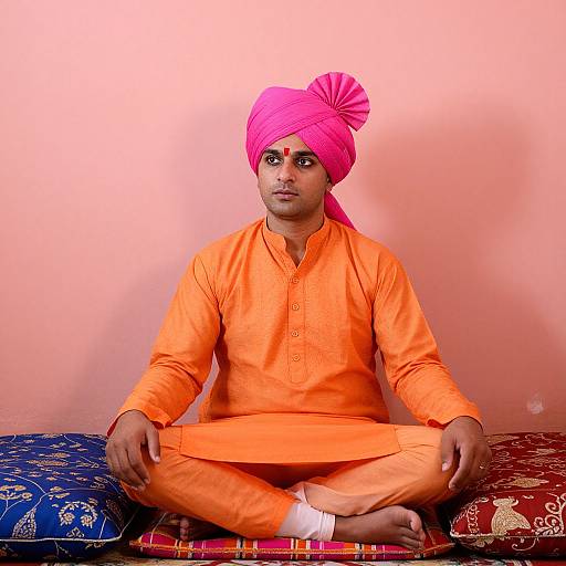 Photograph of a South Asian man with medium brown skin, wearing an orange kurta, bright pink turban, and white socks, sitting cross-legged