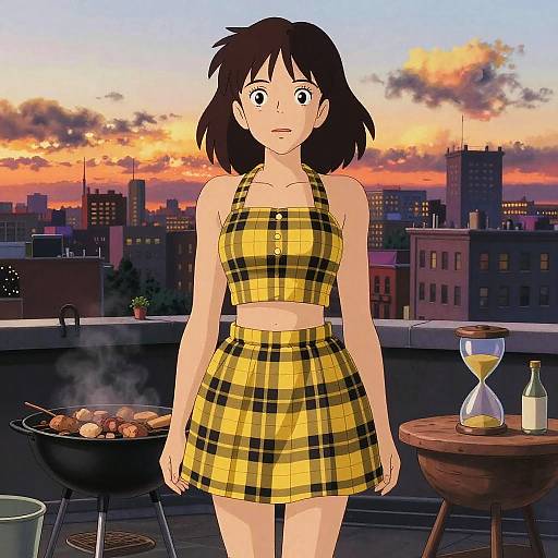 Anime-style drawing of a surprised woman in a yellow plaid crop top and skirt, standing on a rooftop at sunset, with a barbecue, hourglass