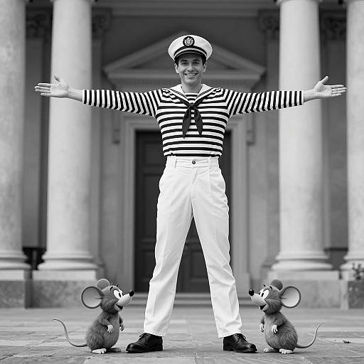Man in sailor outfit with cartoon mice
