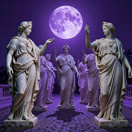Ethereal Statue Procession Under Violet Moon