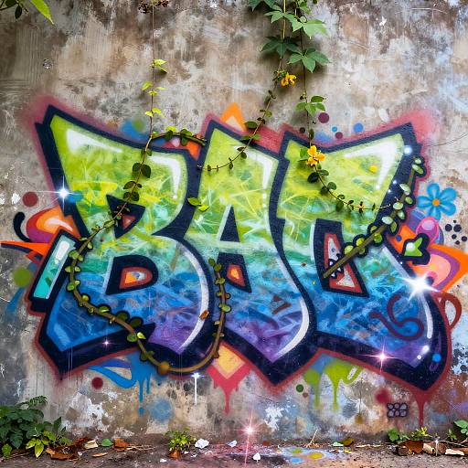 Vibrant graffiti on a weathered concrete wall, featuring bold, colorful letters 