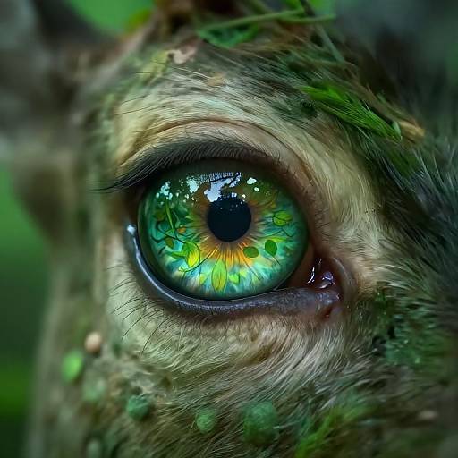 Close-up photograph of a fantastical green-eyed creature with iridescent, tree-like patterns in its eye, surrounded by mossy fur and foliage.