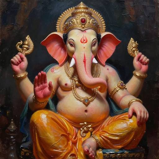 Digital painting of Ganesha: a chubby, white-skinned elephant-headed deity with a red forehead mark, gold crown, and orange dhoti