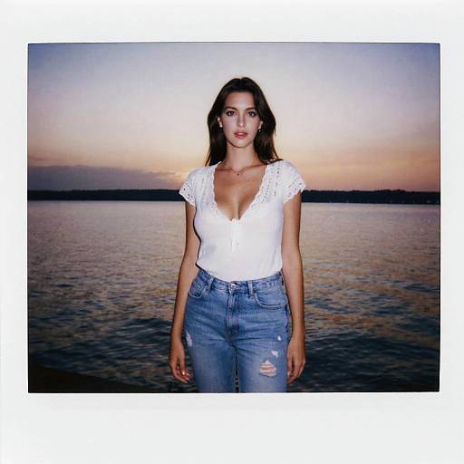 Photograph of a young woman with long brown hair, wearing a white lace-trimmed V-neck top and distressed blue jeans, standing against a sunset