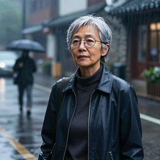 Silver-Haired Woman in Dusk Hailstorm