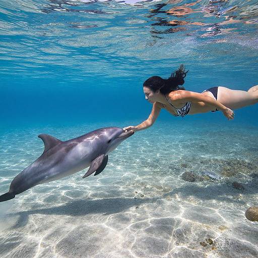 Photograph of a woman in a black and white bikini underwater, gently touching a dolphin's nose in clear, blue ocean water.