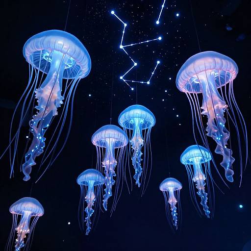 Photograph of glowing blue jellyfish with translucent bell-shaped bodies and long, flowing tentacles, set against a dark blue background with a constellation of stars