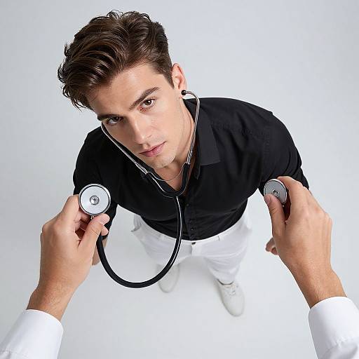 Photograph of a young male doctor with short brown hair, wearing a black shirt and white pants, looking up while holding a stethoscope. White