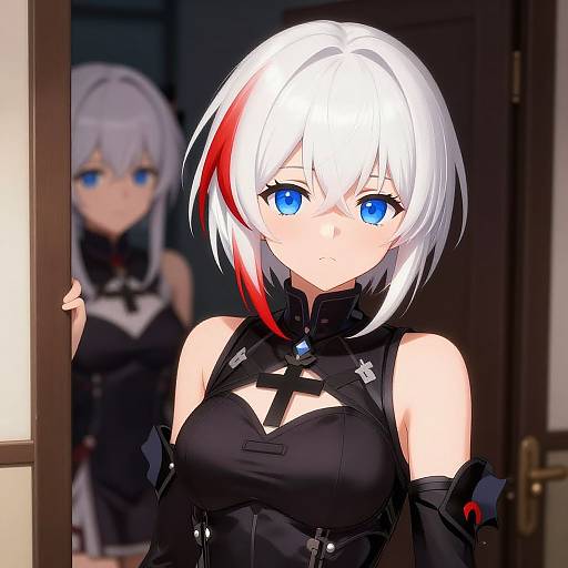 Digital anime-style drawing of a white-haired girl with blue eyes, black outfit, and red streak, standing in a doorway, another blue-eyed girl in