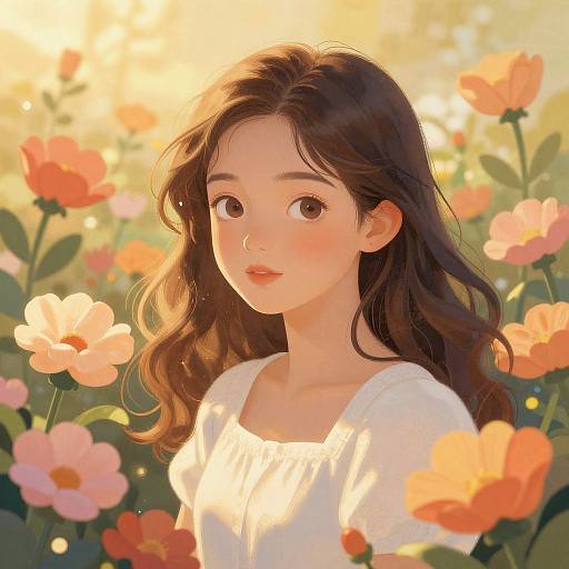 Digital anime-style drawing of a young woman with long brown hair, wearing a white blouse, standing in a sunlit field of pink and orange flowers.
