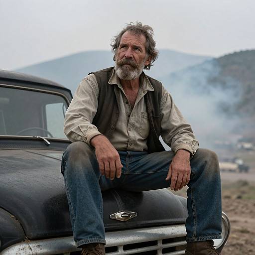 Photograph of a rugged, middle-aged man with a graying beard, wearing a dirty white shirt and black vest, sitting on a vintage car hood