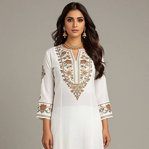 Elegant Woman in Embroidered White Kurta