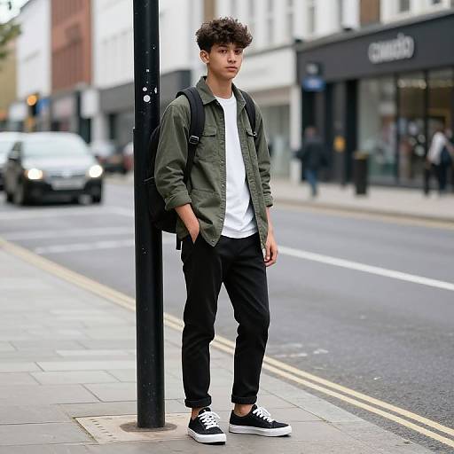 Photograph of a young man with curly brown hair, wearing a green jacket, white shirt, black pants, and black sneakers, standing by a black