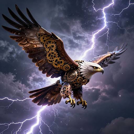 Digital art of a majestic eagle with gear-like patterns, flying against a stormy sky with bright purple lightning bolts.