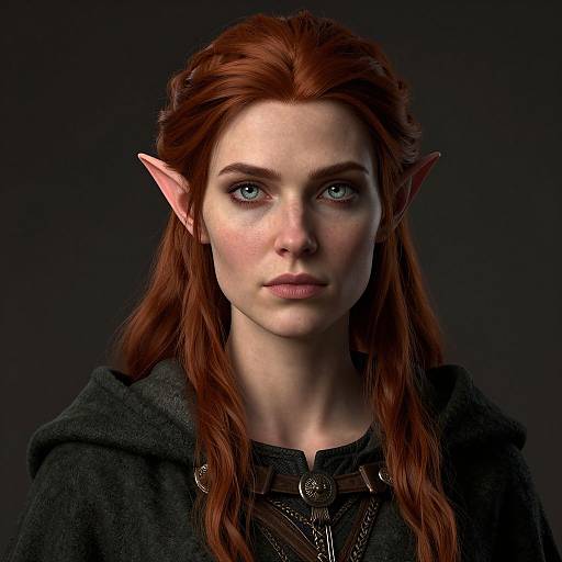 Digital portrait of a fair-skinned, red-haired elf woman with pointed ears, blue eyes, and serious expression, wearing a dark cloak and chain necklace