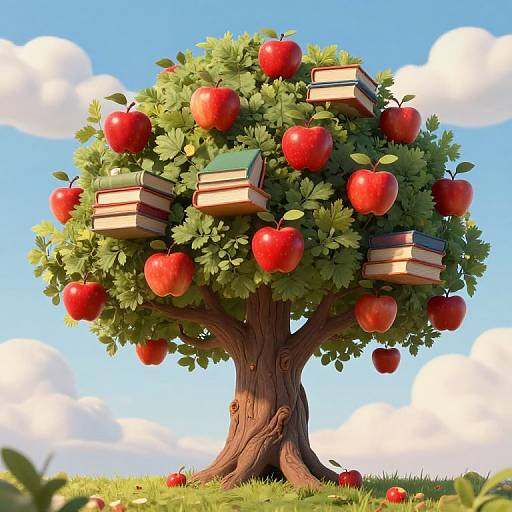Whimsical Tree with Book Fruits