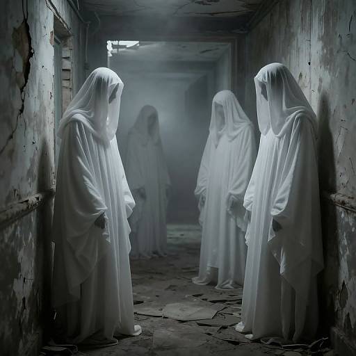 Photograph: Five ghostly, white-robed figures stand in a dim, narrow, worn hallway with cracked walls, illuminated by a faint light from
