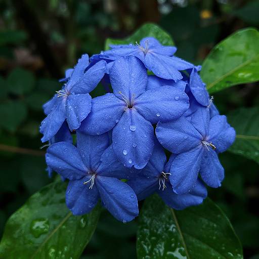 Photograph of a vibrant blue hydrangea cluster with droplets of water on petals, surrounded by dark green leaves, creating a lush, fresh garden