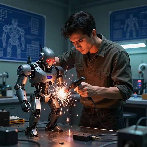 Photograph of a young man in a green shirt repairing a metallic robot with sparks on a workbench in a laboratory. Blue diagrams on the wall.