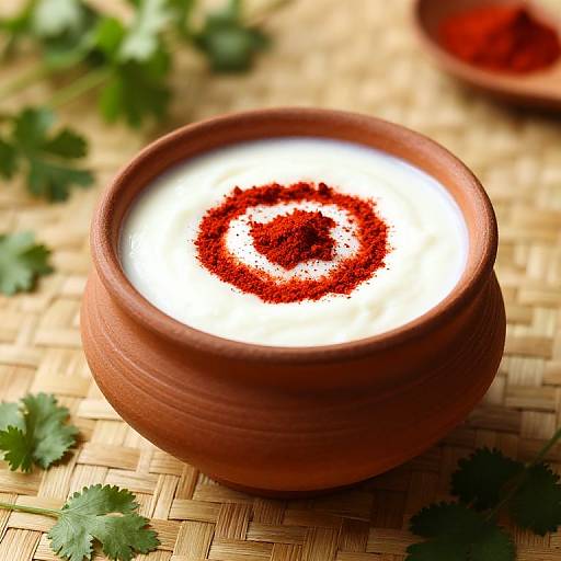 Photograph of a wooden bowl filled with white milk, topped with a red spice heart pattern, on a woven bamboo mat with cilantro leaves.