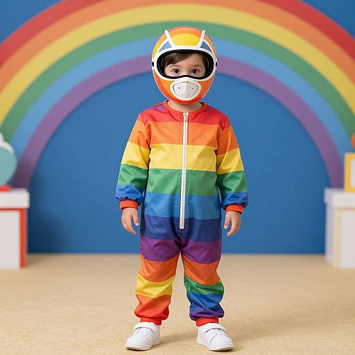 Photograph of a young child in a rainbow-striped onesie and helmet, standing in front of a blue wall with a large rainbow arch, wearing white