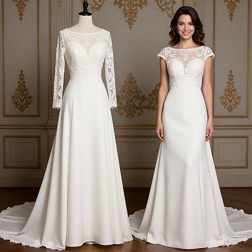 Photograph of a smiling woman wearing a white lace wedding dress with three-quarter sleeves and a long, flowing satin skirt. Mannequin displays identical dress