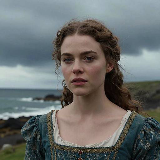 Photograph of a young white woman with curly brown hair, wearing a teal, embroidered dress with puffed sleeves, standing outdoors by a cloudy sea.