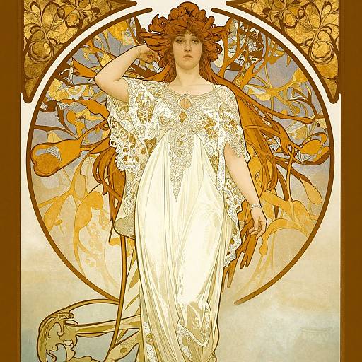 Art Nouveau-style digital illustration of a red-haired woman in a white lace dress, standing with one hand in her hair, surrounded by golden floral patterns