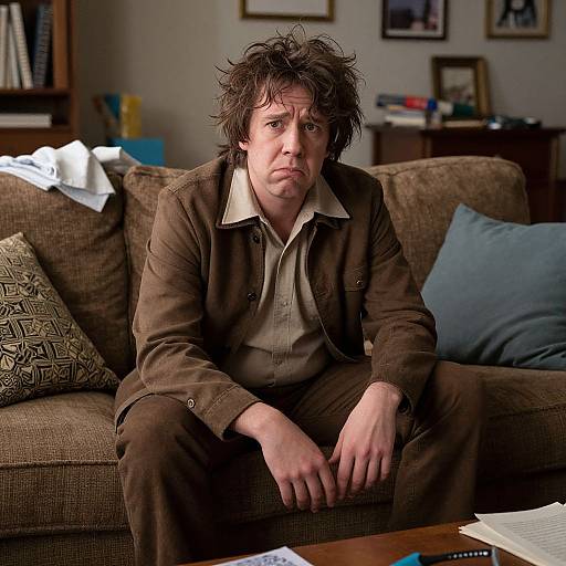 Photograph of a disheveled, worried-looking man with messy brown hair, wearing a brown shirt and beige collar, seated on a brown sofa in