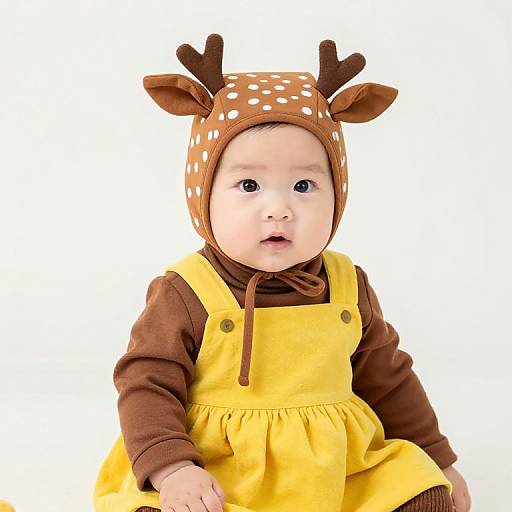Photograph of a baby with light skin, wearing a brown reindeer hood with antlers, yellow pinafore over a brown shirt, against a