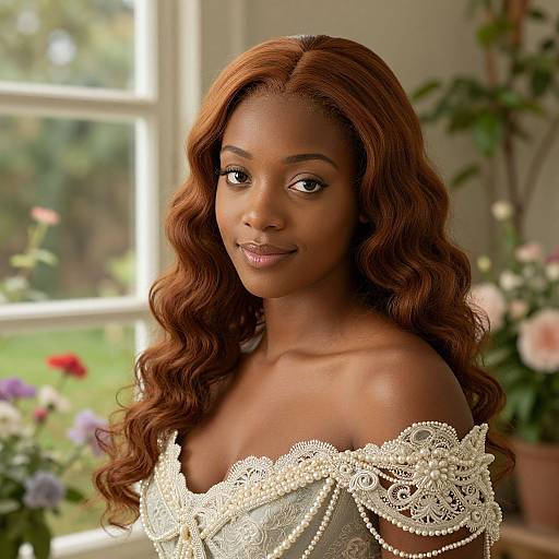 Photograph of a beautiful Black woman with long, wavy auburn hair, wearing an off-shoulder lace dress, smiling softly, in