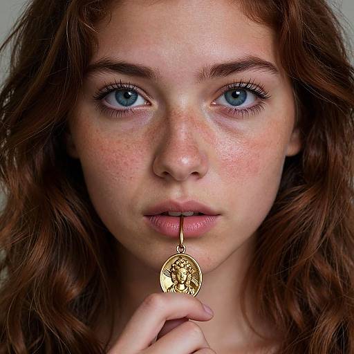 Close-up photograph of a young woman with fair skin, blue eyes, and freckles, holding a gold coin with a profile portrait between her lips