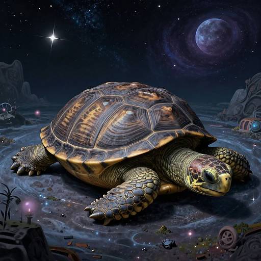 Digital artwork of a giant, detailed turtle with a shiny, patterned shell in a starry, moonlit alien landscape with floating orbs and small structures