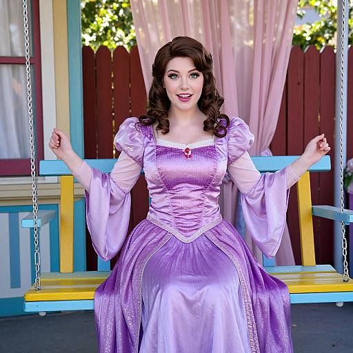 Photograph of a smiling woman with curly brown hair, wearing a lavender, Victorian-style dress with puffed sleeves, sitting on a colorful swing outside a
