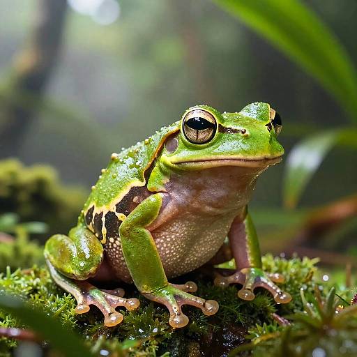 Photograph of a vibrant green frog with black stripes, sitting on moss-covered ground, surrounded by blurred greenery in a lush forest.