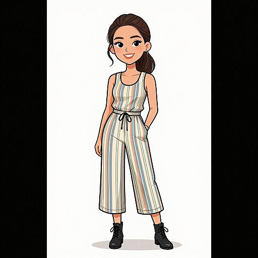 Digital illustration of a smiling young woman with light skin and dark hair in a ponytail, wearing a striped sleeveless jumpsuit and black boots, standing