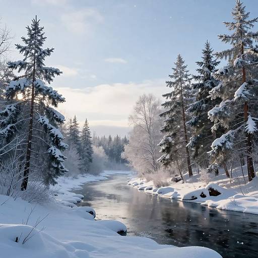 Photograph of a serene, snow-covered forest with a sunlit, icy river flowing through, surrounded by tall evergreen trees and leafless branches.