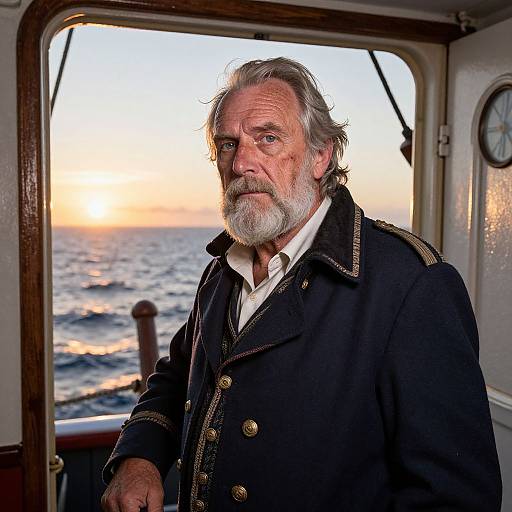 Photograph of a weathered, white-bearded older man with grey hair, wearing a dark navy coat with gold buttons, standing on a ship at