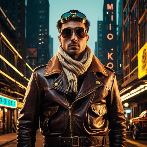 Steampunk Aviator in Neon Cityscape