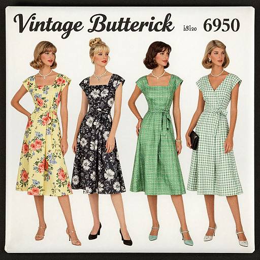 Photograph of four women in vintage 1950s dresses: floral, black floral, green gingham, and green checkered, standing in a