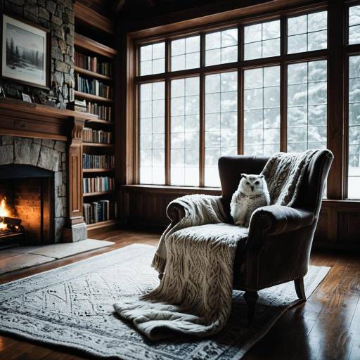 Cozy Library Interior with Fireplace and Owl